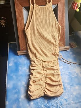 Free People Mustard Yellow Ribbed Ruched Bodycon Dress